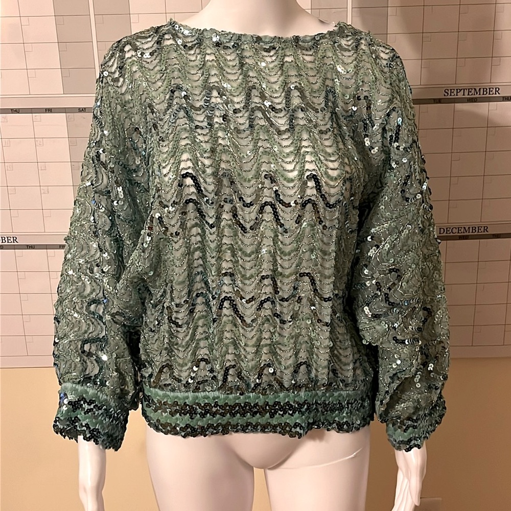 Vintage St. Martin 80s Cropped Top Green Sequin Blouse Bell Sleeve Peek S/M
